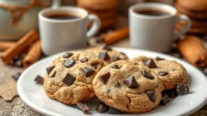 A plate of gingerbread espresso chocolate-chunk cookies with dark chocolate chunks, set in a cozy kitchen with a cup of coffee.
