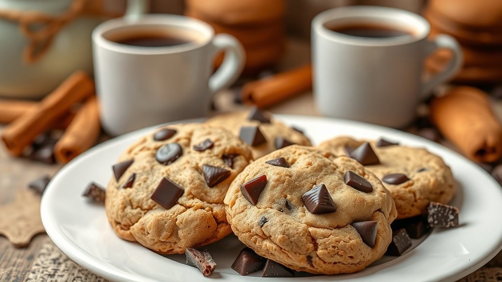 A plate of gingerbread espresso chocolate-chunk cookies with dark chocolate chunks, set in a cozy kitchen with a cup of coffee.