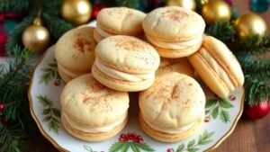 A plate of eggnog sandwich cookies with nutmeg buttercream, decorated for the holidays.