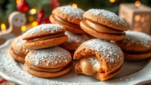 Gingerbread alfajores cookies filled with dulce de leche, dusted with powdered sugar on a festive plate.
