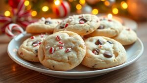 A festive plate of Candy Cane Chocolate Chip Shortbread Cookies with sprinkles, chocolate chips, and candy cane bits.