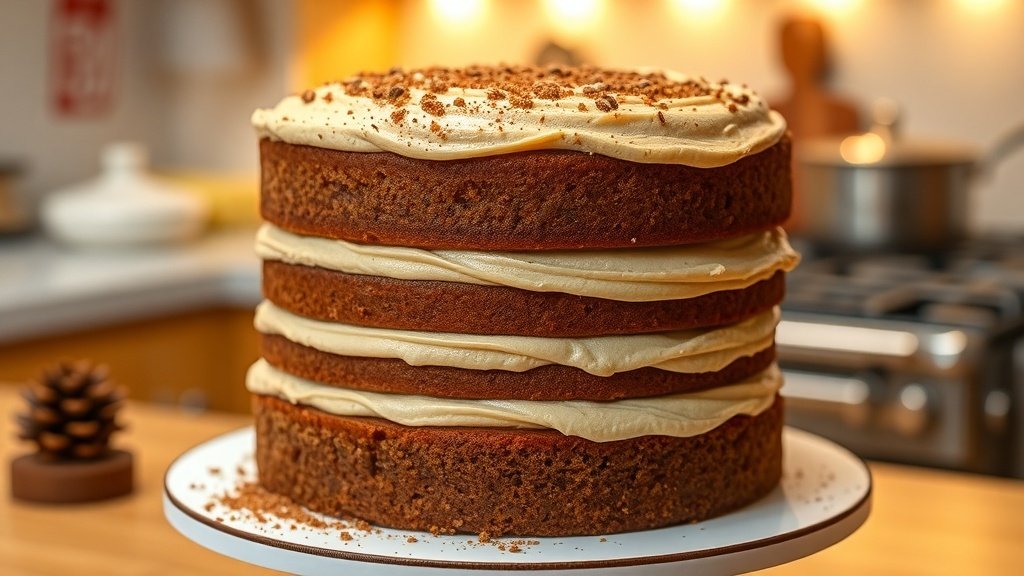 Gingerbread chai layer cake with brown-sugar cream cheese frosting, decorated with spices, on a rustic wooden table.