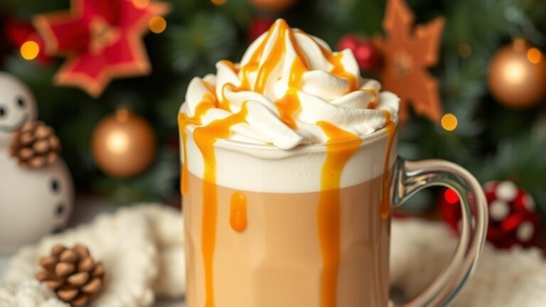 A cozy cup of caramelized white chocolate mocha with whipped cream and caramel drizzle, set against a festive holiday backdrop.