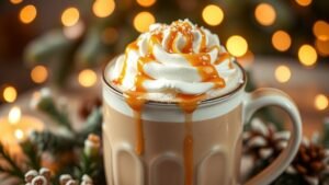 A cup of Brown Butter Toffee Latte with whipped cream and caramel drizzle, set in a cozy winter scene.