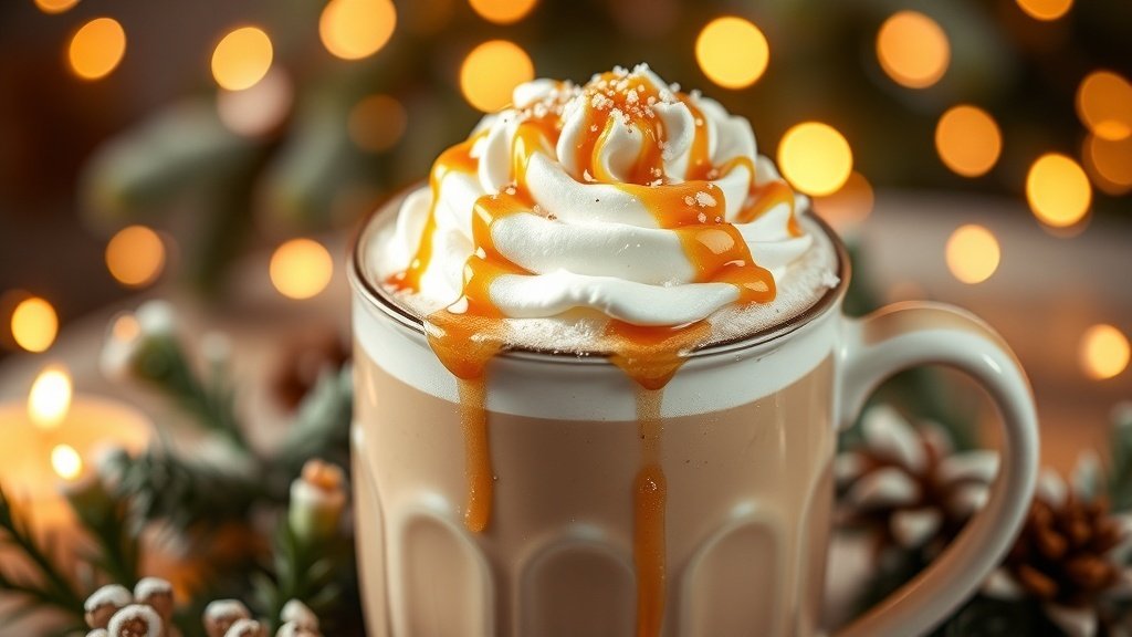 A cup of Brown Butter Toffee Latte with whipped cream and caramel drizzle, set in a cozy winter scene.