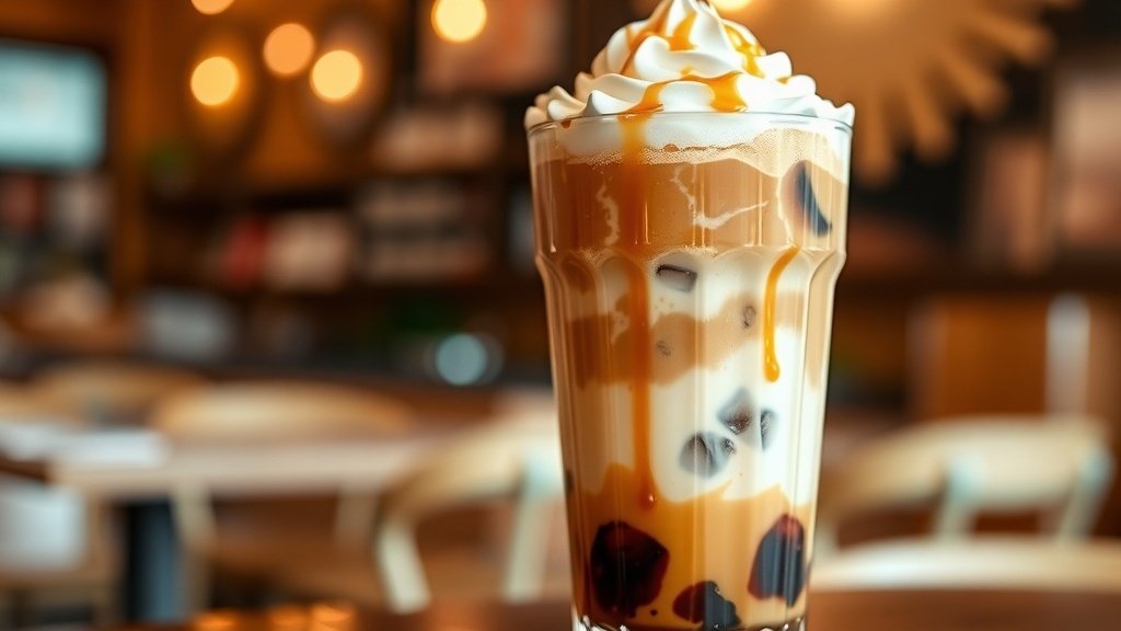 Iced caramel vanilla cloud latte in a clear glass with whipped cream and caramel drizzle, set in a cozy cafe.