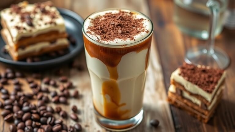 Tiramisu Iced Dessert Latte in a glass with layers of espresso and mascarpone, garnished with cocoa powder and chocolate shavings.