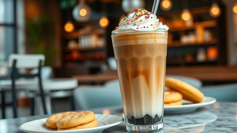 A delicious Brown Sugar Cake-Batter Iced Latte in a clear cup with whipped cream and sprinkles, alongside yellow cake mix cookies.