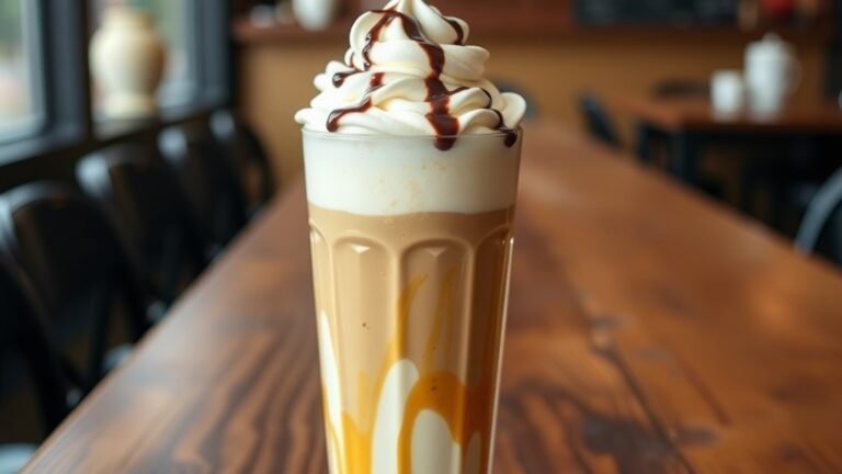 A refreshing iced latte float with coffee, milk, and vanilla ice cream, garnished with whipped cream and chocolate sauce.