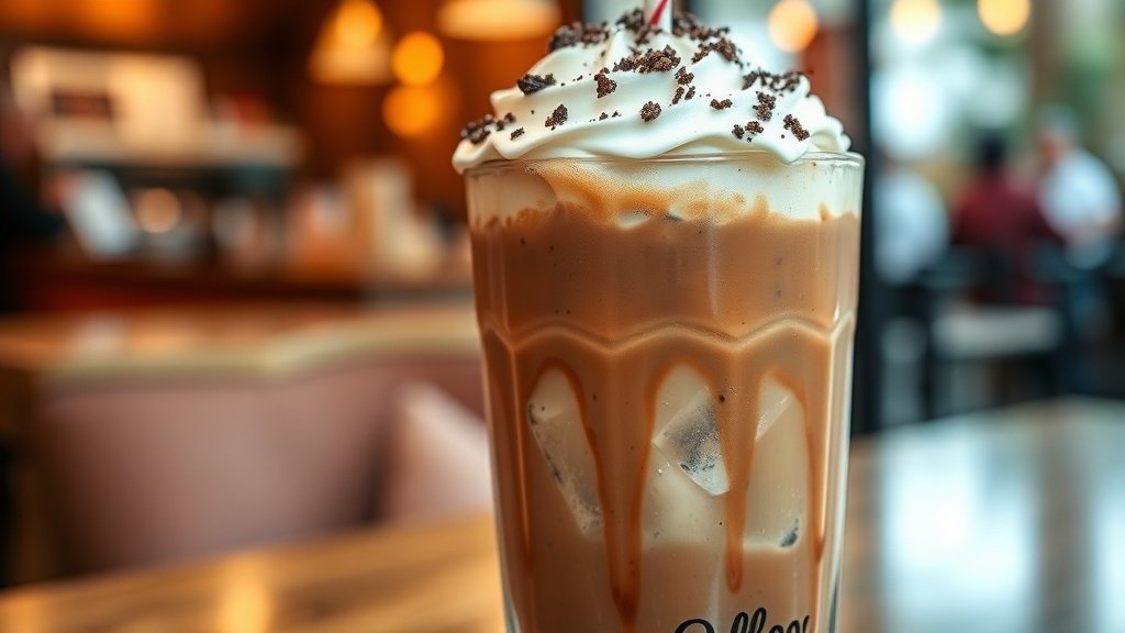 Mocha Cookie Crumble Iced Latte in a glass with ice, whipped cream, and cookie crumbs, set in a cozy coffee shop.