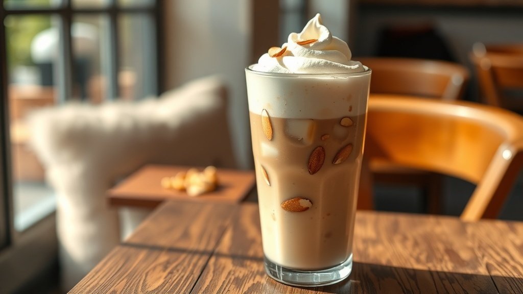 Iced Vanilla Almond Café Latte Recipe Iced Vanilla Almond Café Latte in a glass with ice, whipped cream, and almond garnish on a wooden table.