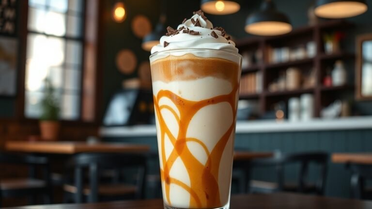 A layered iced cappuccino with caramel and cocoa, topped with whipped cream and chocolate shavings, in a trendy cafe setting.