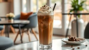 A tall glass of Vanilla Hazelnut Iced Café Latte with whipped cream and chocolate shavings, surrounded by a cozy cafe setting.