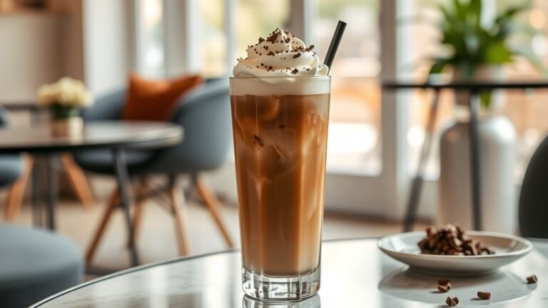A tall glass of Vanilla Hazelnut Iced Café Latte with whipped cream and chocolate shavings, surrounded by a cozy cafe setting.
