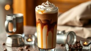 Iced cocoa caramel layered latte with espresso, cocoa milk, caramel drizzle, and whipped cream in a tall glass.