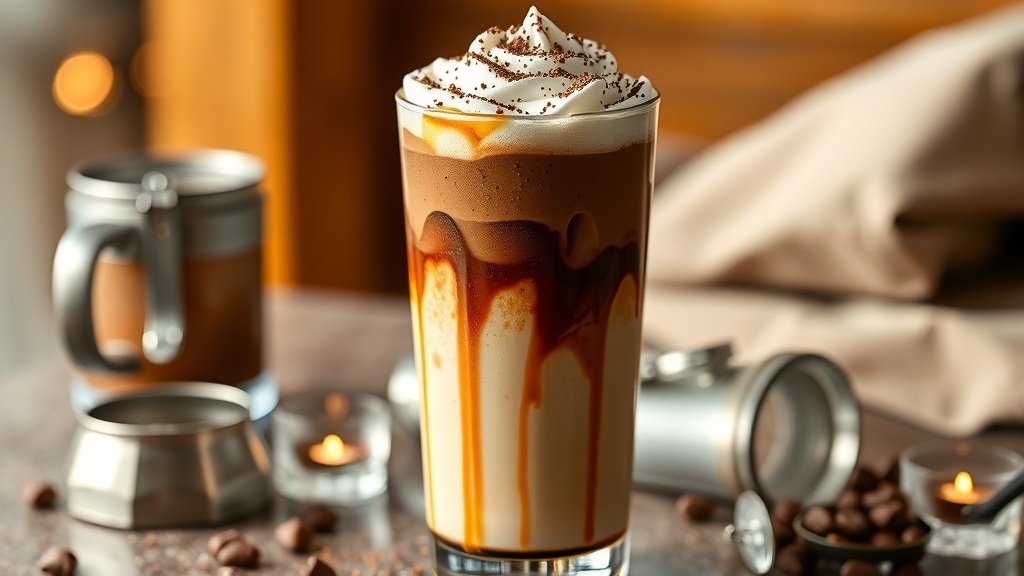 Iced cocoa caramel layered latte with espresso, cocoa milk, caramel drizzle, and whipped cream in a tall glass.