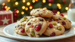 A plate of chewy white chocolate cranberry pistachio cookies with cranberries and pistachios, set in a festive holiday background.