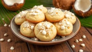 A plate of coconut cream pie cookies with golden edges and white chocolate chips, set on a wooden table with tropical decor.