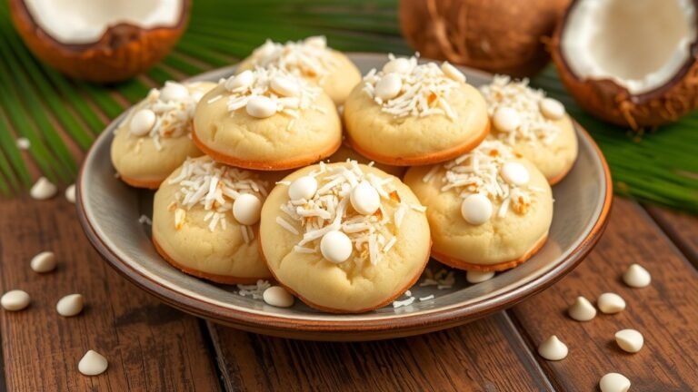 A plate of coconut cream pie cookies with golden edges and white chocolate chips, set on a wooden table with tropical decor.