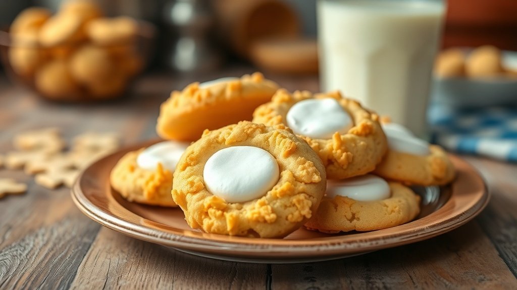 Sweet Cornflake Marshmallow Cookies Recipe A plate of gooey cornflake marshmallow cookies on a wooden table with a glass of milk.