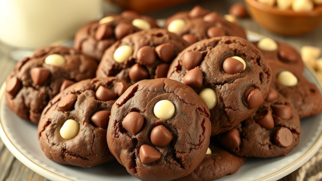 A plate of triple chocolate fudge cookies with chocolate chips, served with a glass of milk.
