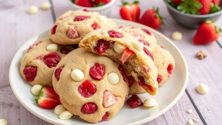 A plate of roasted strawberry and white chocolate chip cookies with strawberries in the background.