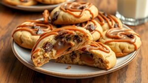 Freshly baked caramel swirl chocolate bar cookies on a plate, with gooey centers and chocolate chunks.