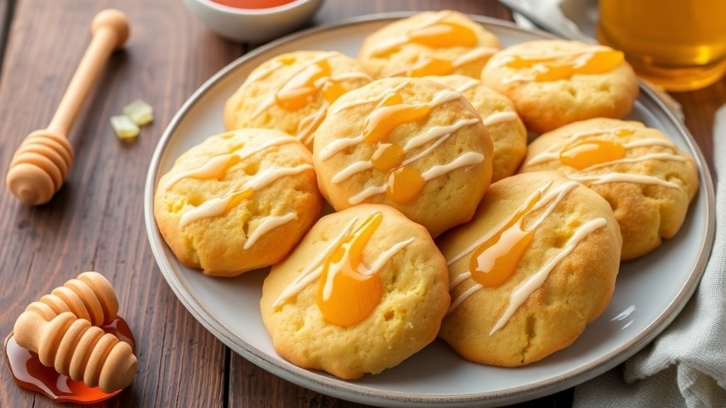 A plate of soft honey butter cornbread cookies with honey drizzle, on a rustic table.