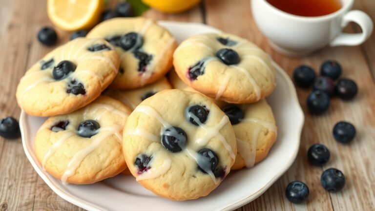 A plate of blueberry lemon muffin-top cookies with a lemon glaze, surrounded by blueberries and a cup of tea.