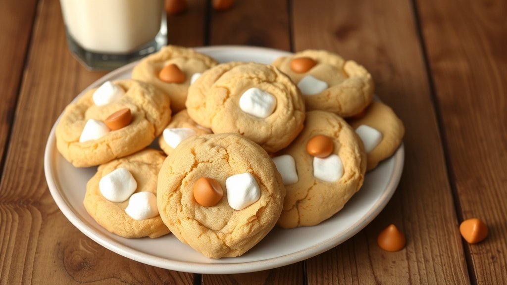 A plate of soft butterscotch marshmallow cookies with butterscotch chips and marshmallows, served with a glass of milk.