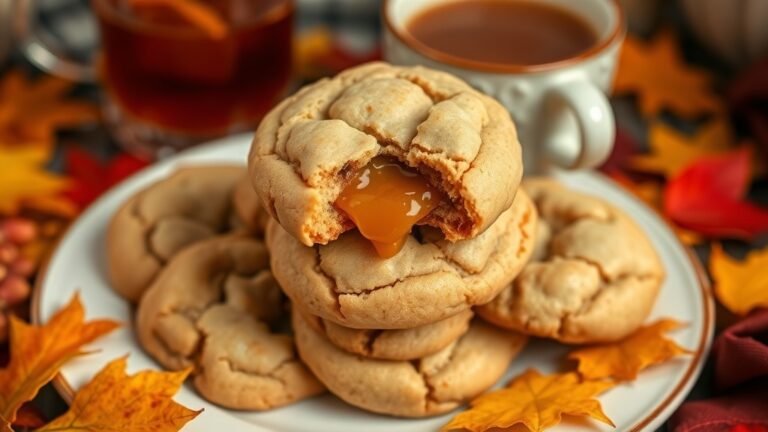 A plate of soft-baked caramel apple cider cookies with caramel dripping, set against a backdrop of autumn leaves and a mug of cider.