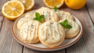 A plate of soft lemon poppy seed cookies with lemon frosting, garnished with lemon slices and mint.