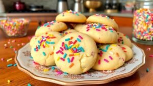 A plate of vanilla bean sprinkle cookies with colorful sprinkles, set in a cozy kitchen.