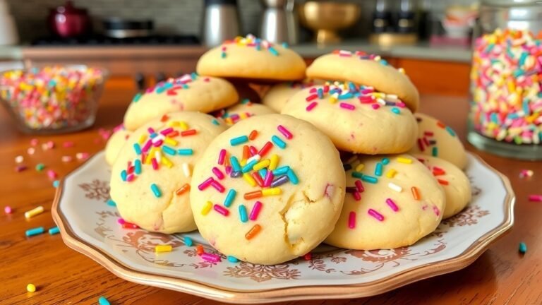 A plate of vanilla bean sprinkle cookies with colorful sprinkles, set in a cozy kitchen.
