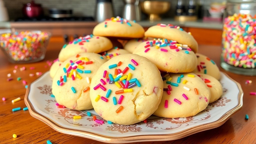 A plate of vanilla bean sprinkle cookies with colorful sprinkles, set in a cozy kitchen.