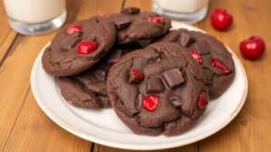 A plate of dark chocolate cherry chunk cookies with chocolate and cherry pieces, served with a glass of milk.