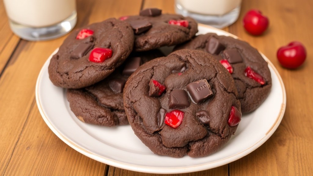 A plate of dark chocolate cherry chunk cookies with chocolate and cherry pieces, served with a glass of milk.