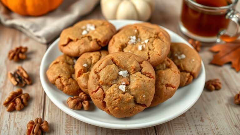 A plate of salted maple walnut blondie cookies with sea salt and walnuts, set on a rustic wooden table.
