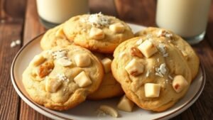 A plate of chewy white chocolate coconut macadamia cookies with chunks of white chocolate and macadamia nuts.