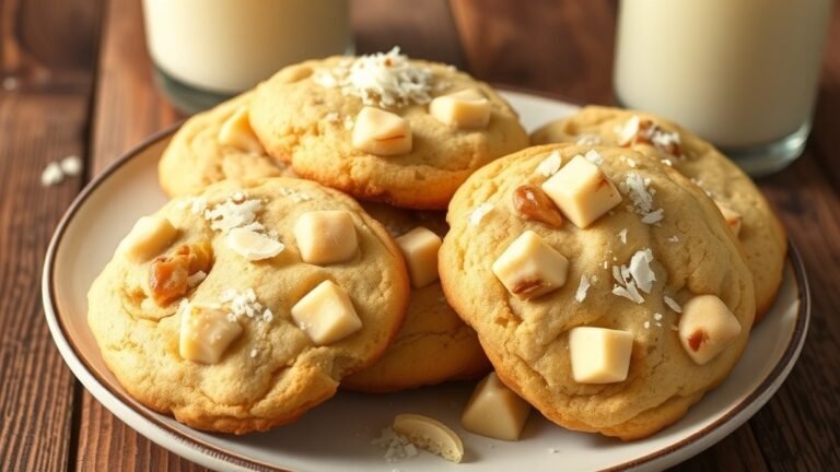 A plate of chewy white chocolate coconut macadamia cookies with chunks of white chocolate and macadamia nuts.
