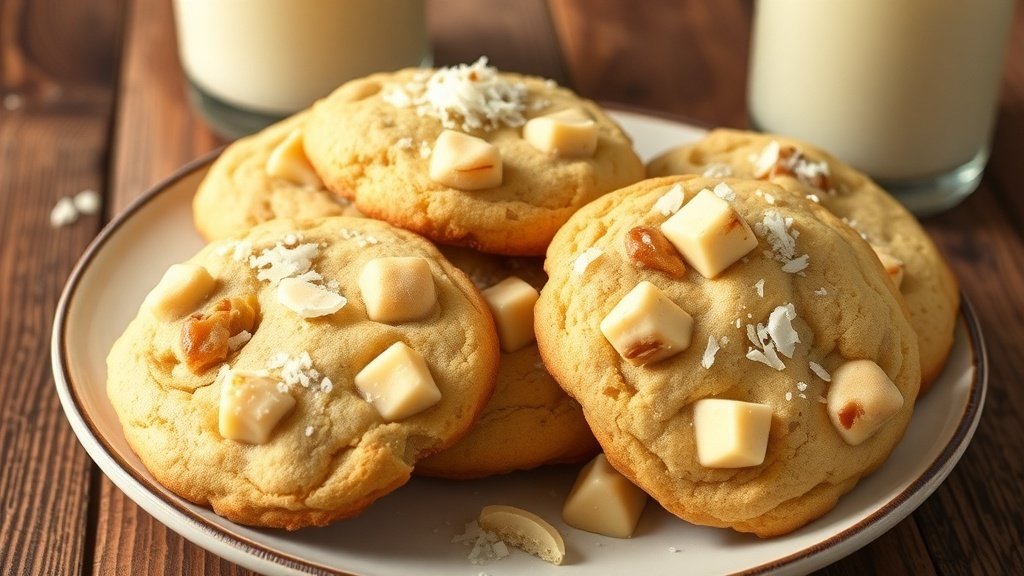 A plate of chewy white chocolate coconut macadamia cookies with chunks of white chocolate and macadamia nuts.