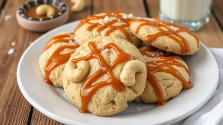 A plate of caramel cashew crunch cookies drizzled with caramel and sprinkled with sea salt.