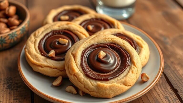 A plate of hazelnut chocolate swirl cookies with chocolate swirls and chopped hazelnuts, served with a glass of milk.