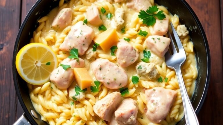 Creamy lemon artichoke chicken orzo in a skillet, garnished with parsley, on a wooden table.