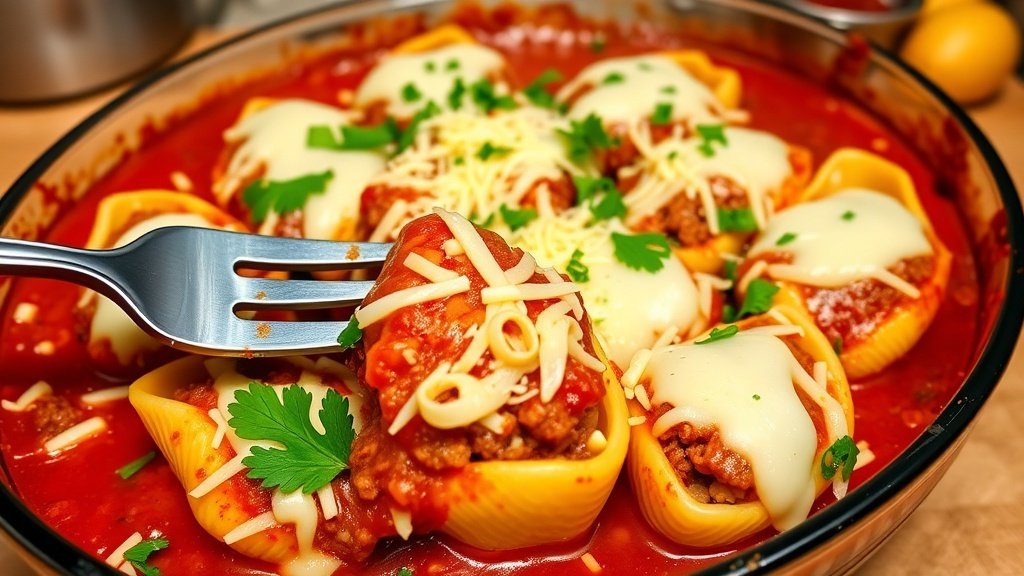 Lazy Philly Cheesesteak Stuffed Shells Bake Cheesy stuffed pasta shells with ground beef and bell peppers in marinara sauce, topped with melted cheese.