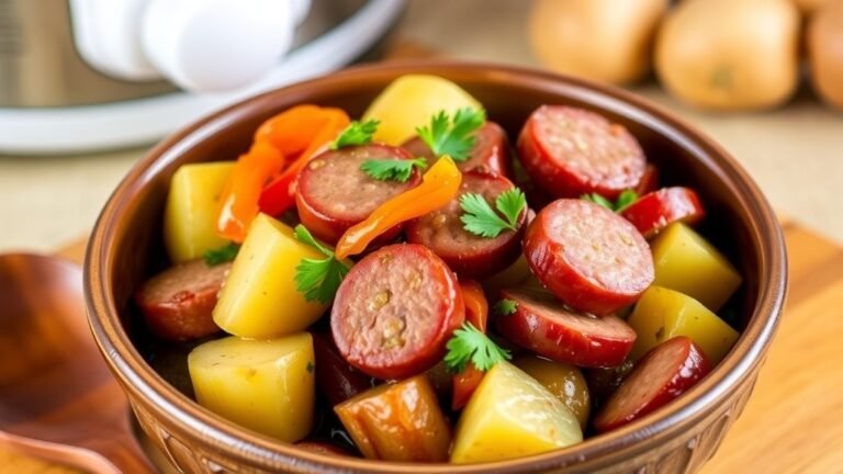 Crockpot sausage, pepper, and potato supper in a bowl, garnished with parsley, on a rustic kitchen table.