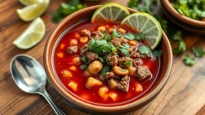 A hearty bowl of smoky pozole rojo with ground beef and hominy, garnished with cilantro and lime, on a rustic wooden table.