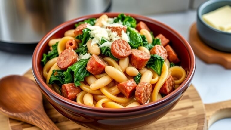 A bowl of Tuscan sausage pasta with kale and white beans, garnished with Parmesan cheese.