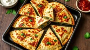 Golden brown spinach artichoke chicken quesadillas on a sheet pan, sliced into wedges, served with salsa and sour cream.