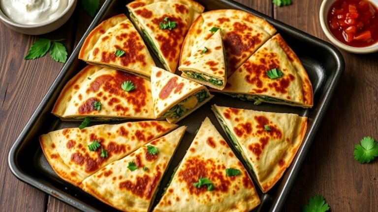 Golden brown spinach artichoke chicken quesadillas on a sheet pan, sliced into wedges, served with salsa and sour cream.